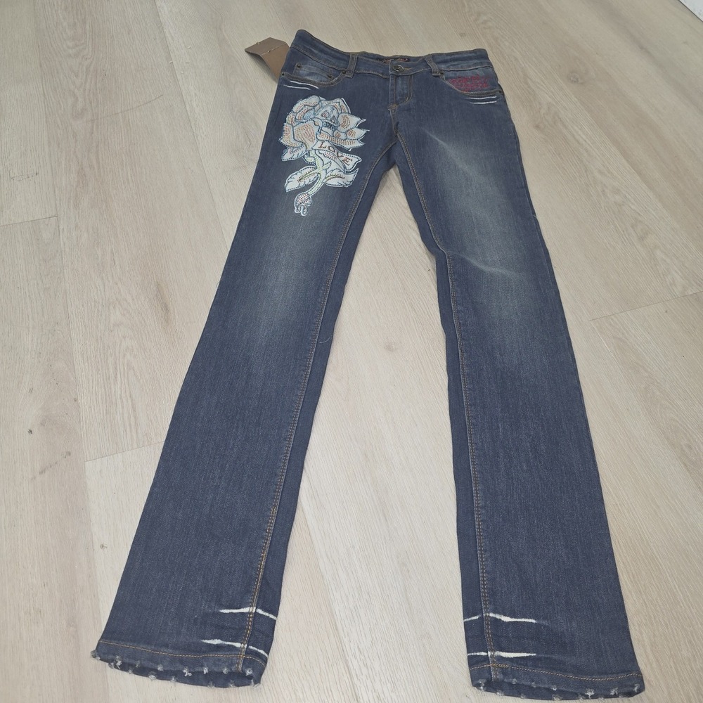 Vintage New Y2k Ed Hardy Jeans With Skull And Rose Rhinestones Women Size 26